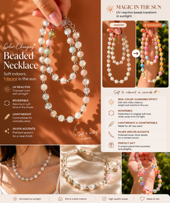 Color-changing beaded necklace with UV-reactive beads, shown in sunlight and indoors.